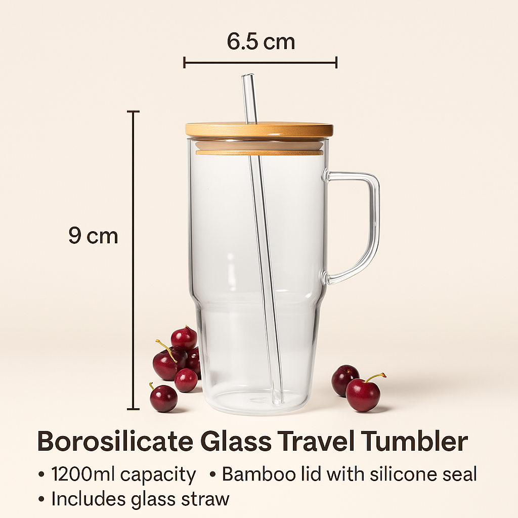 40oz Borosilicate Glass Travel Tumbler with Lid & Straw 1200ml