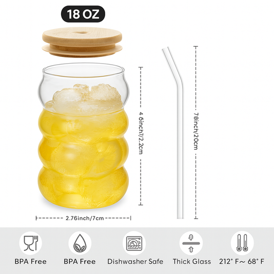 Creative Wave Glass Cup with Bamboo Lid & Straw – Beer & Coffee