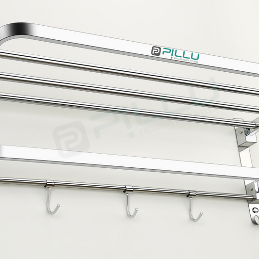 Pillu Bath Fittings Round Shape Stainless Steel Chrome Finish Folding 2 Bar Towel Rack with Adjustable Hook 18 Inch