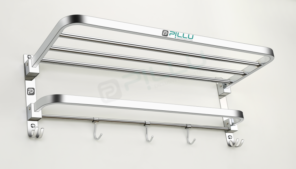 Pillu Bath Fittings Round Shape Stainless Steel Chrome Finish Folding 2 Bar Towel Rack with Adjustable Hook 18 Inch