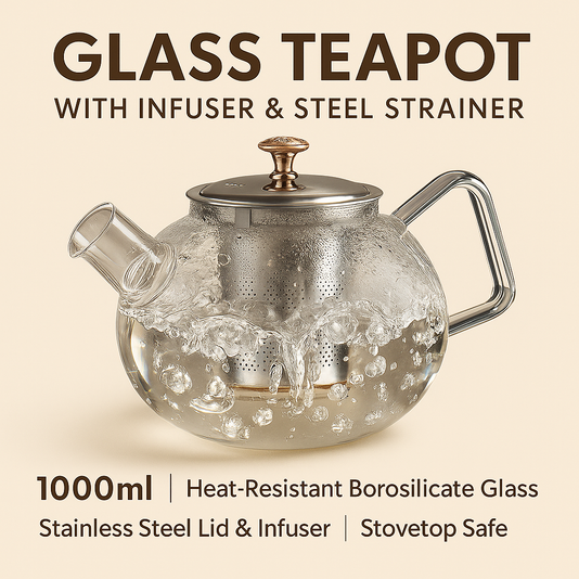 1000ml Glass Teapot with Infuser & Steel Strainer – Stovetop Safe