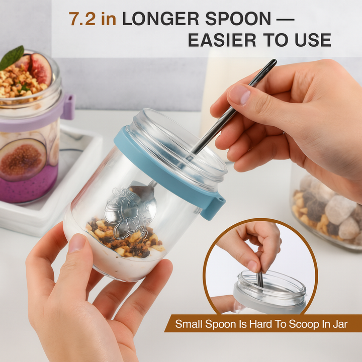Massive Reckon 350ml Airtight Overnight Oats Jar with Spoon & Lid | Glass Mason Jar for Cereal, Salad, Yogurt, Milk | Leakproof Food Storage Container with Measurement Marks (Pack of 1), Transparent