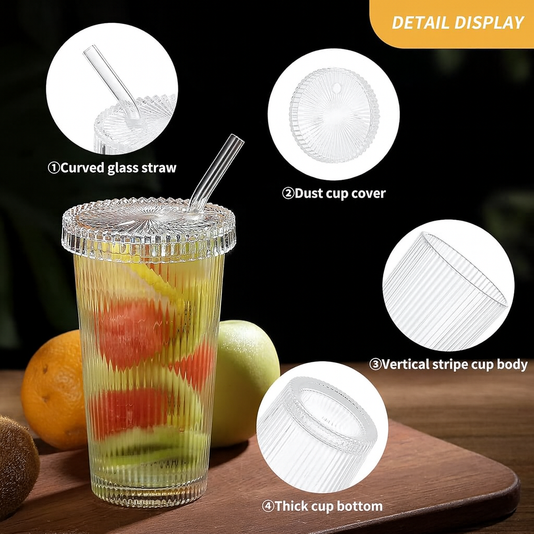 Ribbed Glass Cups with Lids & Straws – 12.7oz