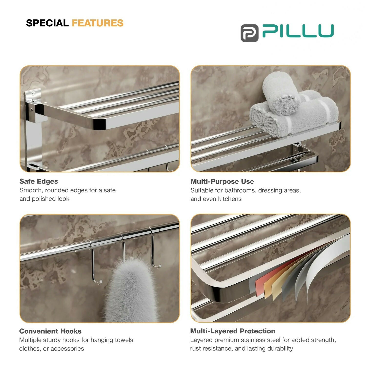Pillu Bath Fittings Round Shape Stainless Steel Chrome Finish Folding 2 Bar Towel Rack with Adjustable Hook 18 Inch
