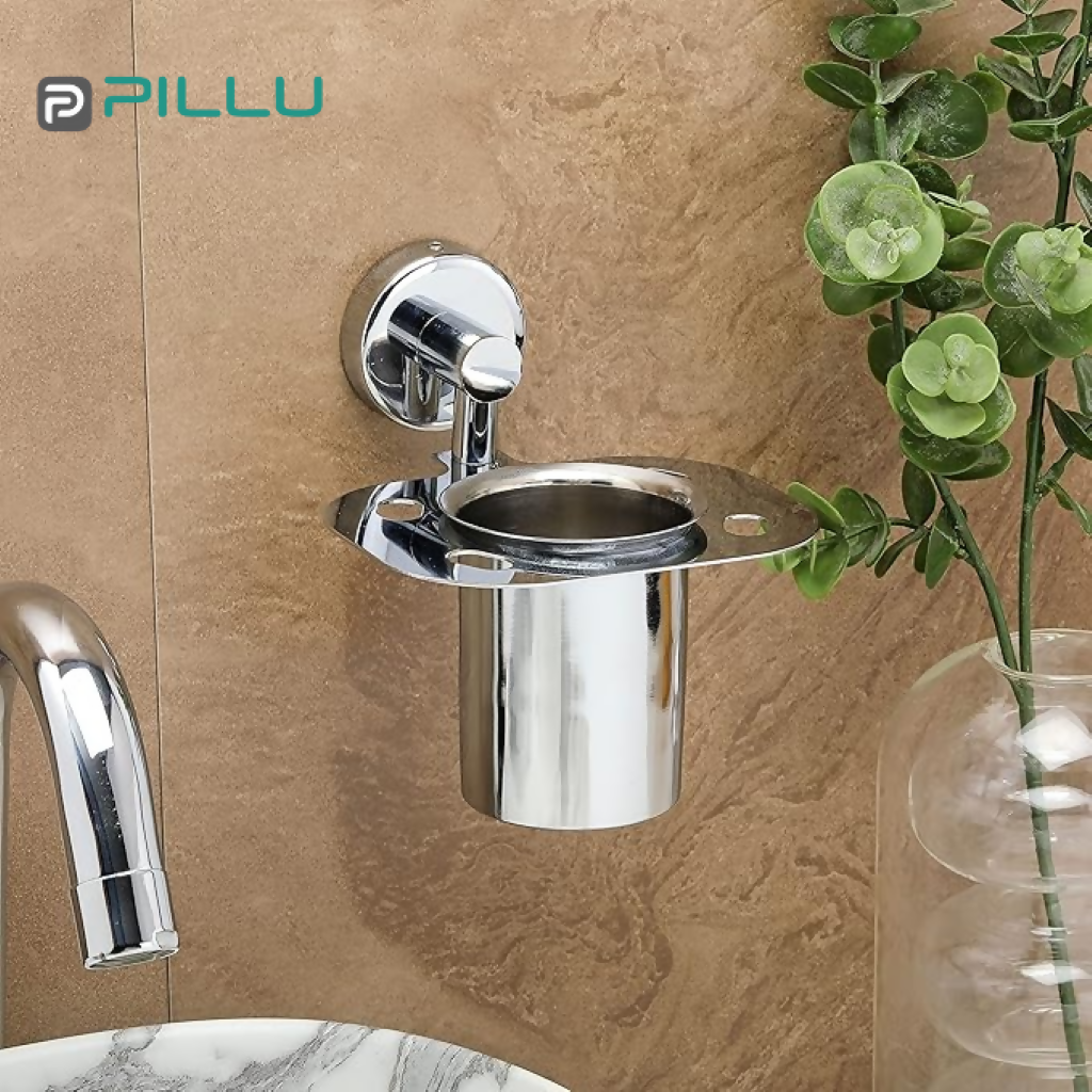 Pillu Bath Fittings Stainless Steel 2 in 1 Multipurpose Bathroom Shelf Rack Towel Hanger Tumbler Holder Bathroom Accessories Silver Towel Holder Stainless Steel