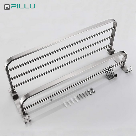 Pillu Bath Fittings Round Shape Stainless Steel Chrome Finish Folding 2 Bar Towel Rack with Adjustable Hook 18 Inch