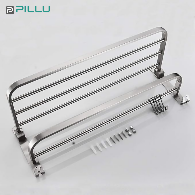 Pillu Bath Fittings Round Shape Stainless Steel Chrome Finish Folding 2 Bar Towel Rack with Adjustable Hook 18 Inch
