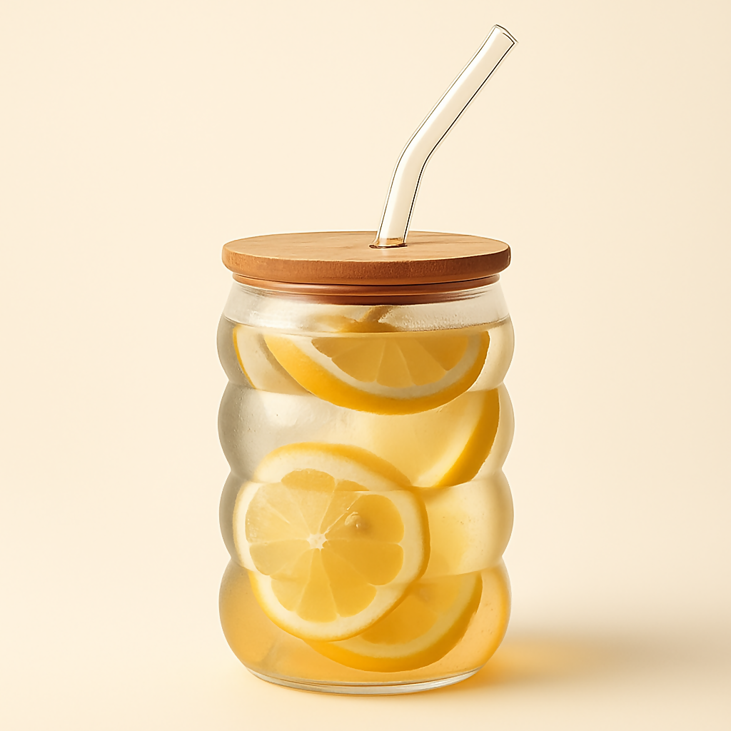 Creative Wave Glass Cup with Bamboo Lid & Straw – Beer & Coffee