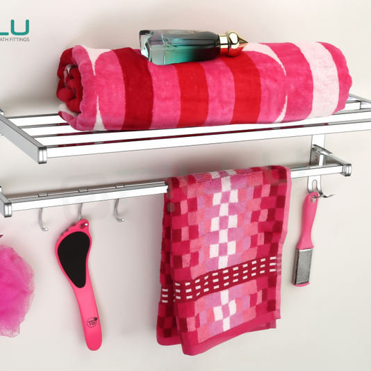 Pillu Bath Fittings Square Shape Stainless Steel Chrome Finish Folding 2 Bar Towel Rack with Adjustable Hook 18 Inch