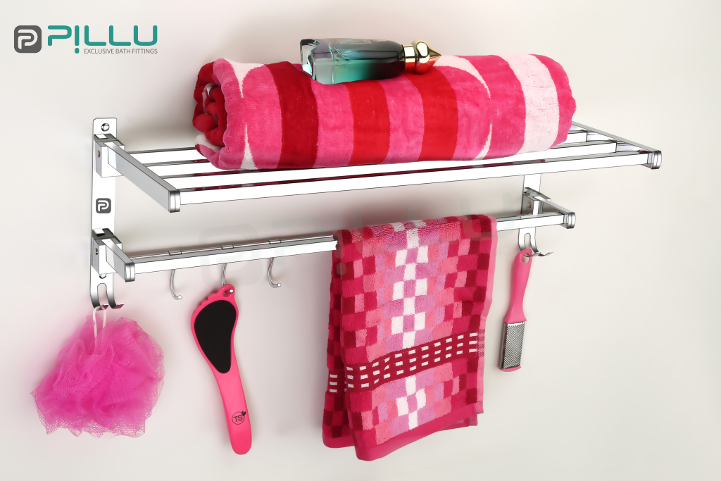 Pillu Bath Fittings Square Shape Stainless Steel Chrome Finish Folding 2 Bar Towel Rack with Adjustable Hook 18 Inch